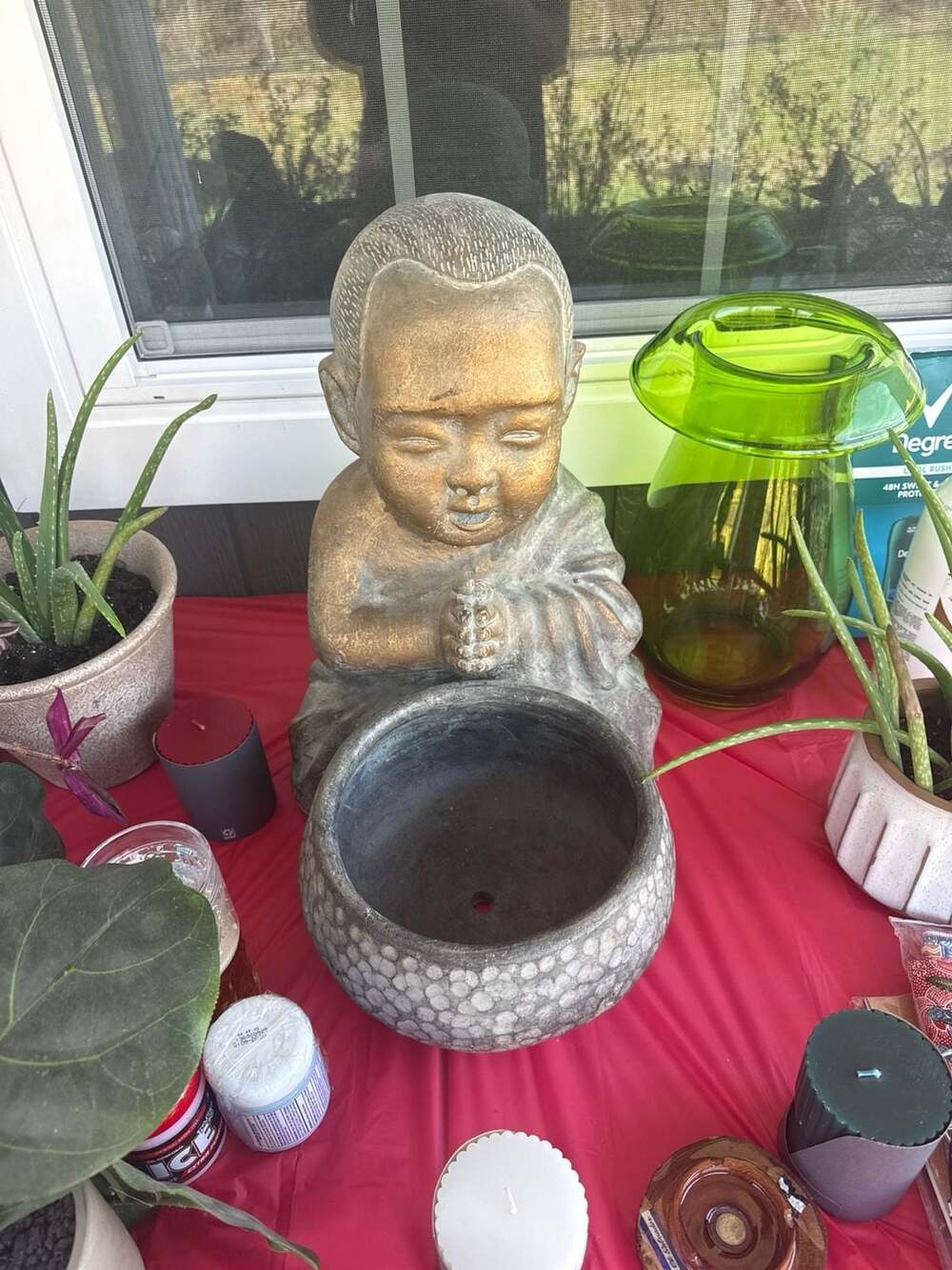 Zen Monk Baby Buddha Garden Statue Planter with Gold Finish Details